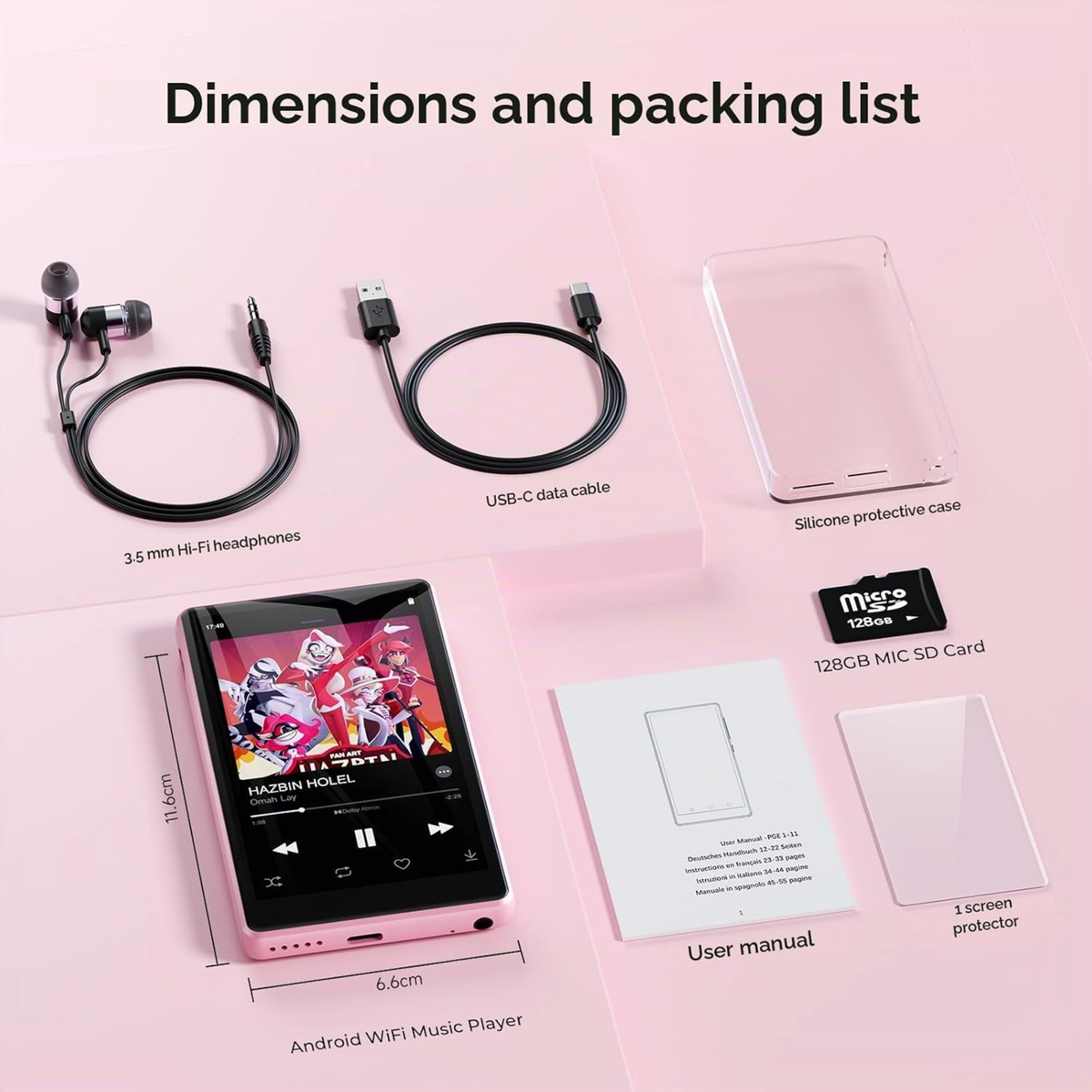 Digital Music Player (MP3), 160 GB MP3 Player with Bluetooth and WiFI. Spotify & More. (Pink)
