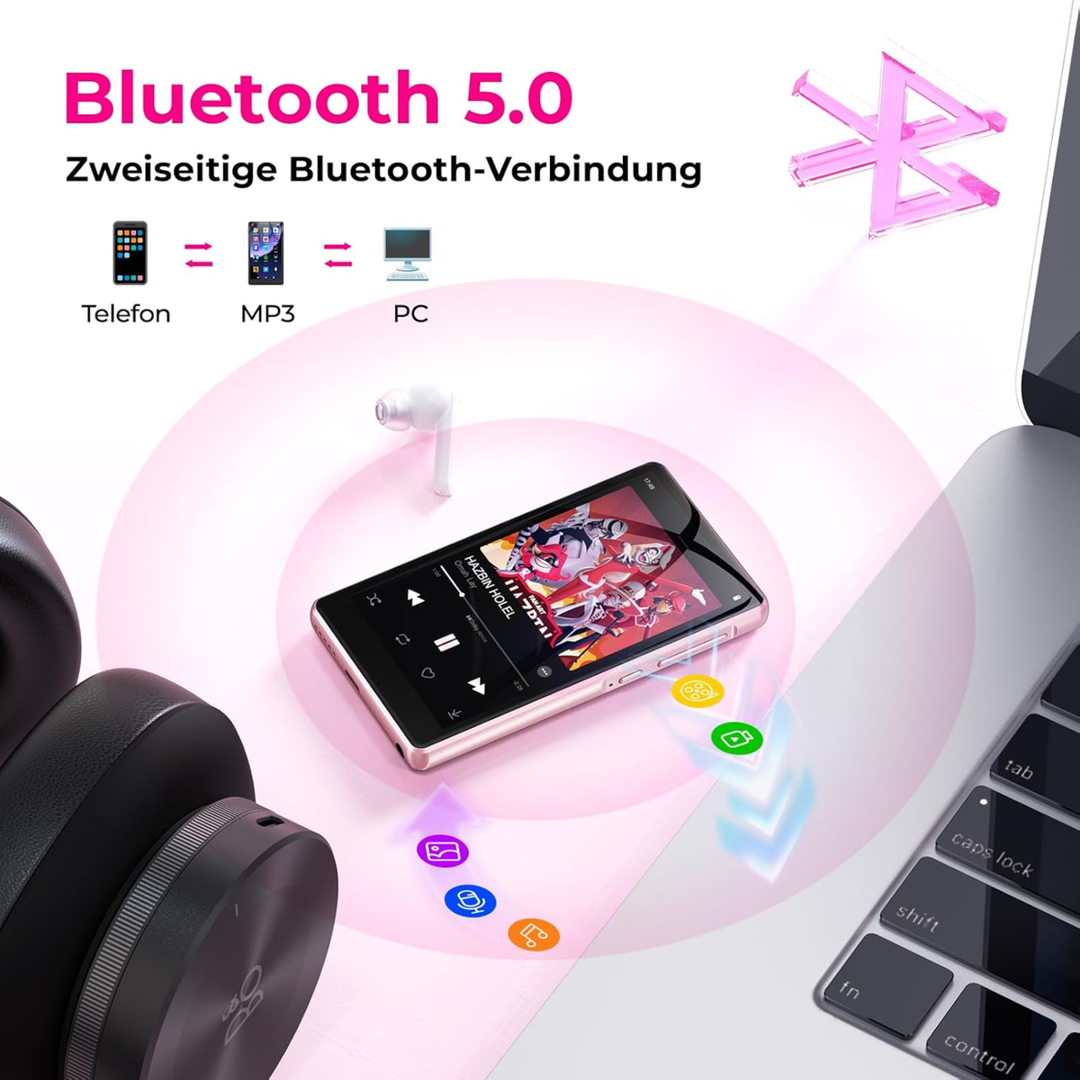 Digital Music Player (MP3), 160 GB MP3 Player with Bluetooth and WiFI. Spotify & More. (Pink)