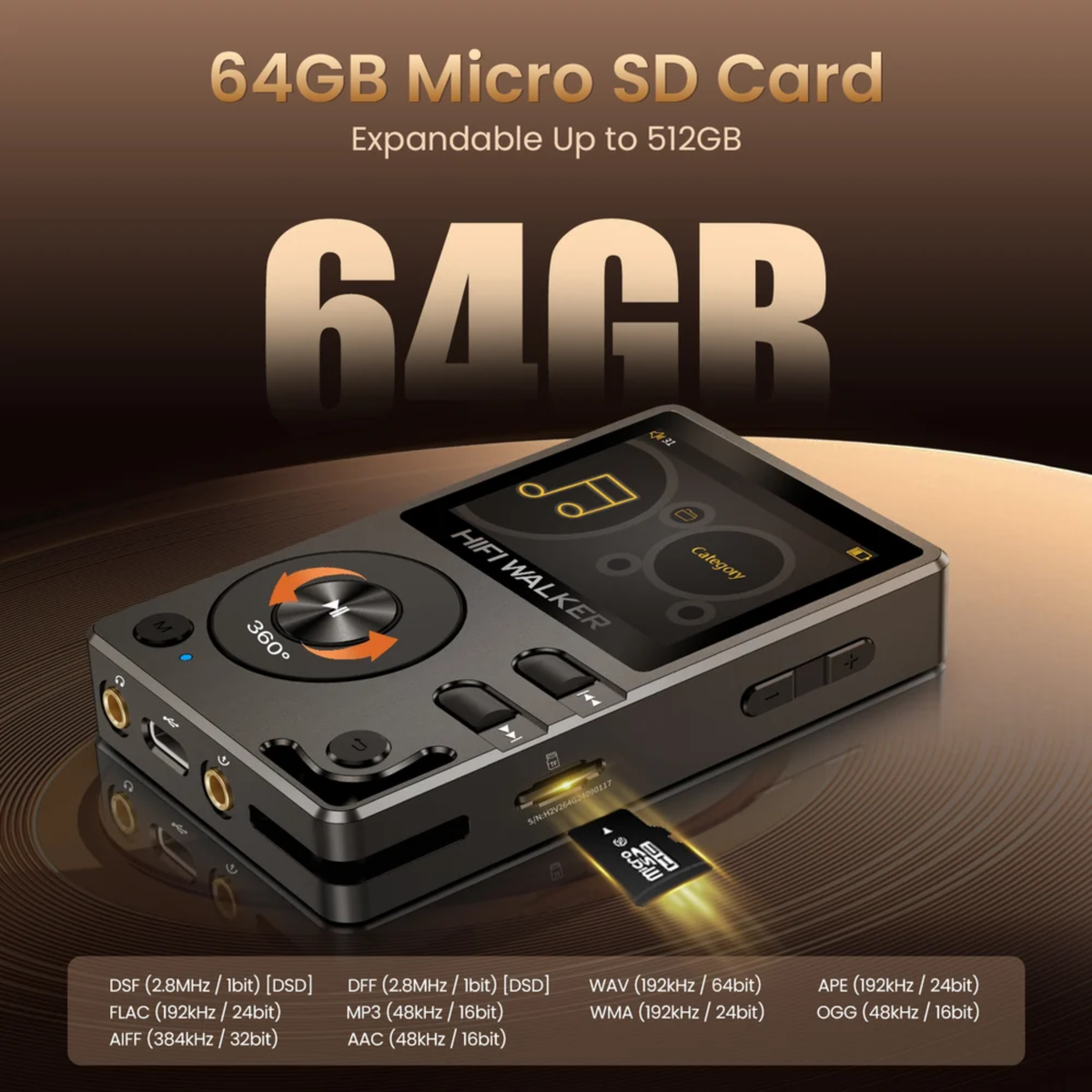 HIFI WALKER H2 Hi-Res Audio Player (MP3), 64GB + 512GB Expandable